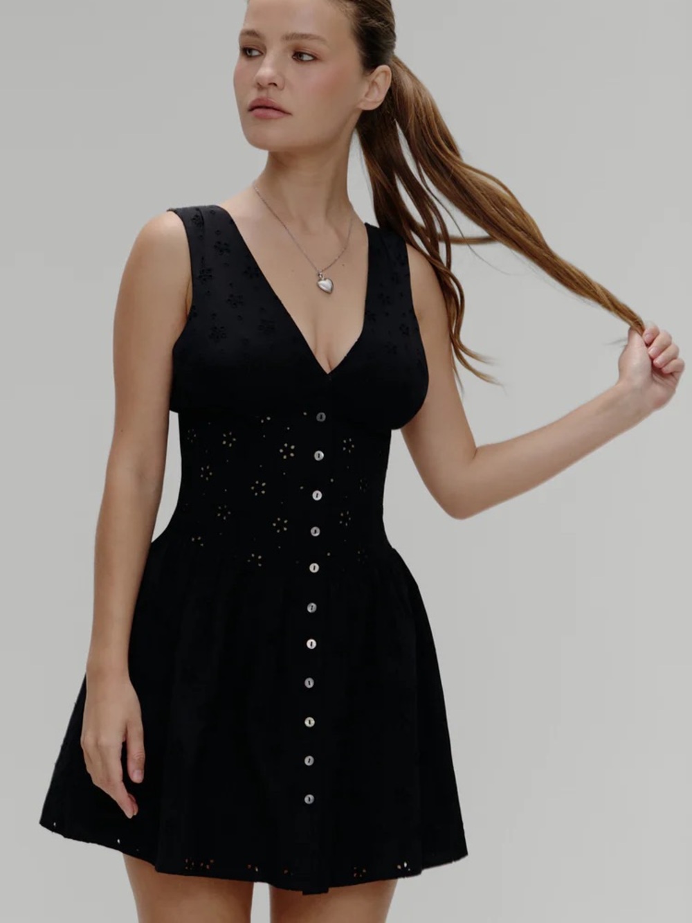 Frankie's Bikinis Black Eyelet Button-Front Mini Dress